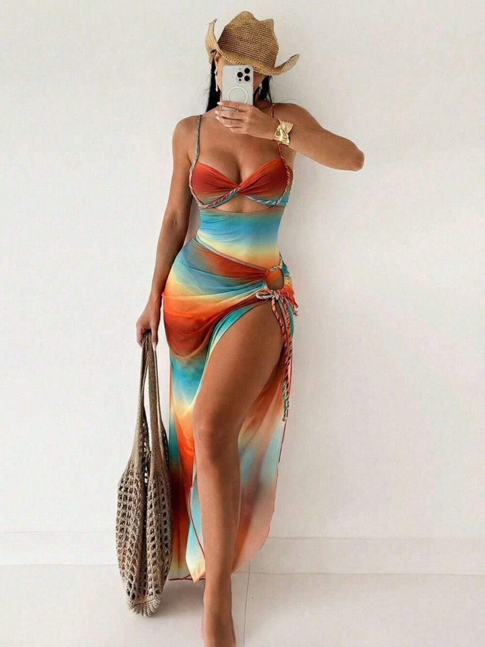 Multicolor Boho Women's Rope Strap one piece swimsuit with matching coverup